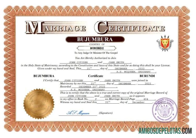 Realista modelo Word e PDF de certidão de casamento do Burundi